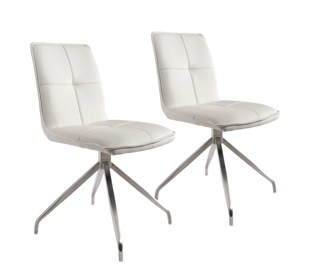 Set of Two White and Silver Faux Leather Swivel Dining Side Chairs