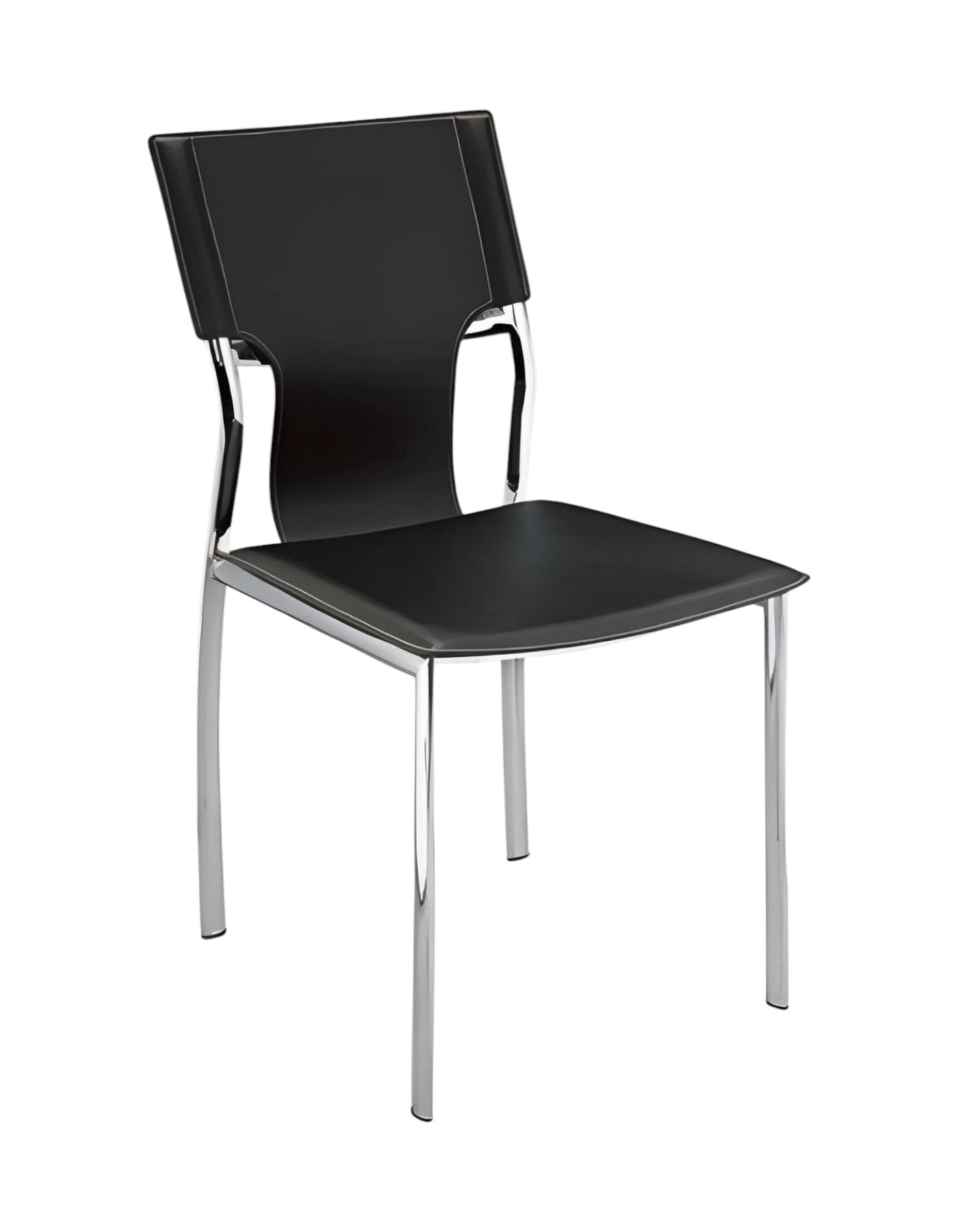 Set of Four Black and Silver Metal and Leather Partially Open Back Dining Side Chairs