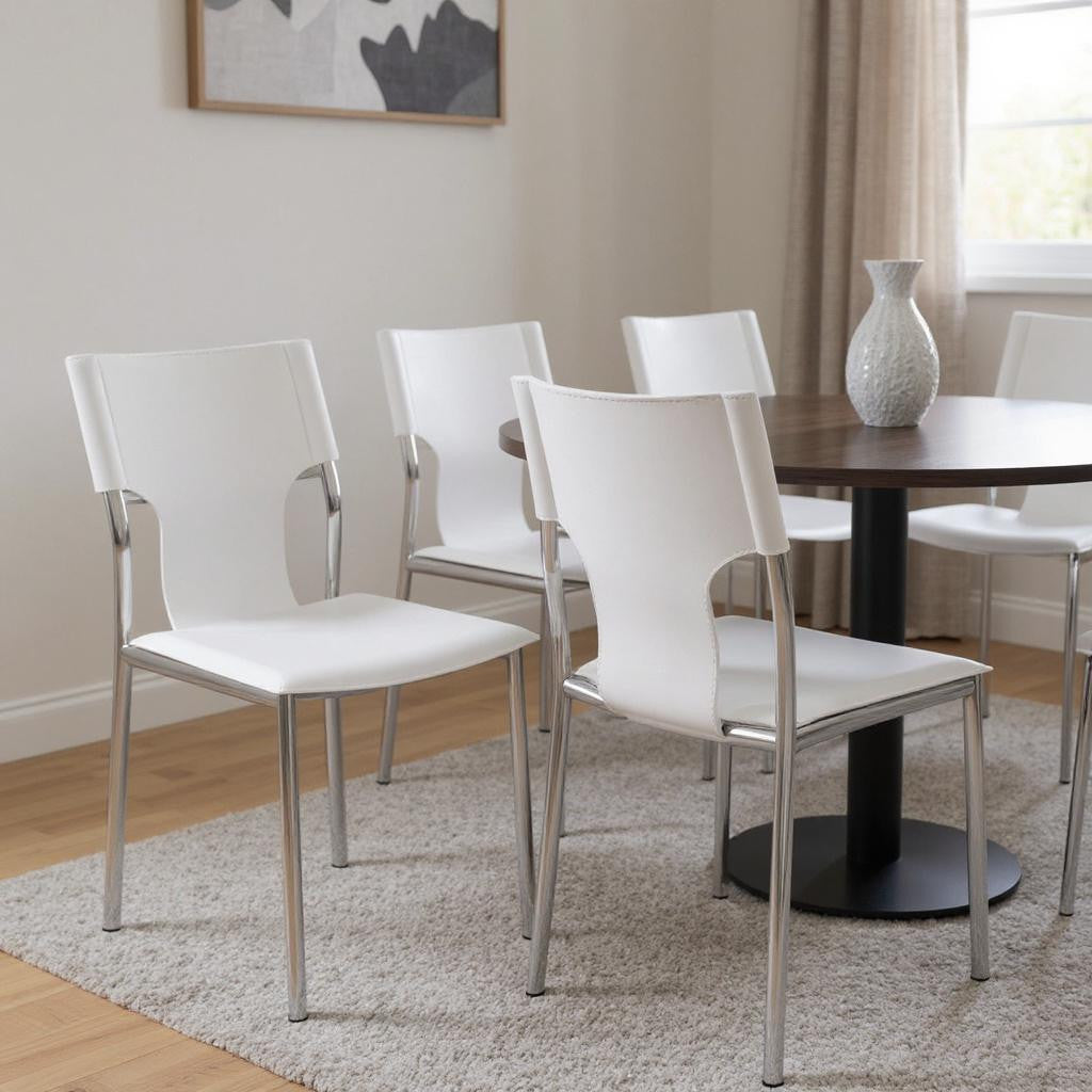 Set of Four White and Silver Metal and Leather Dining Side Chairs