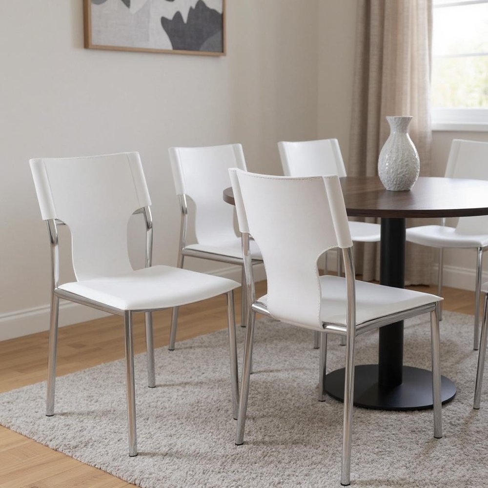 Set of Four White and Silver Metal and Leather Dining Side Chairs