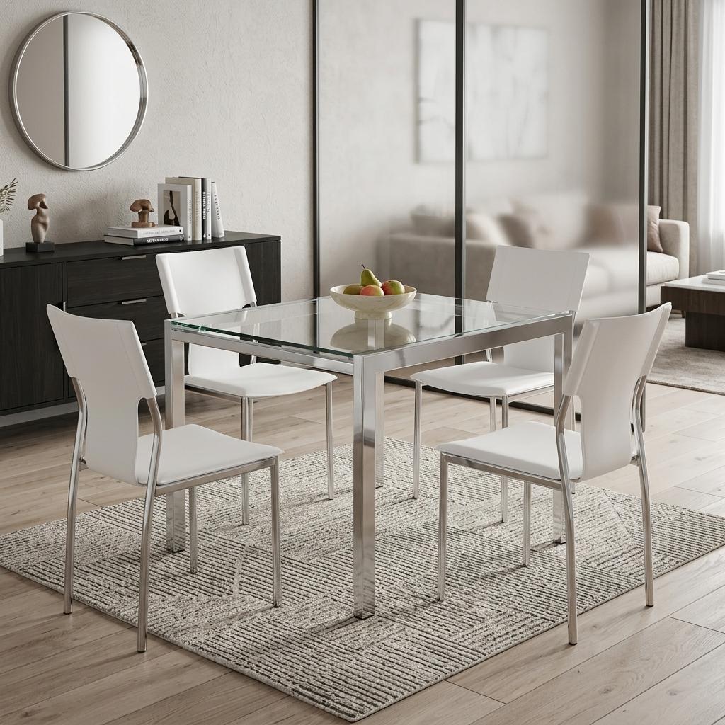 Set of Four White and Silver Metal and Leather Dining Side Chairs