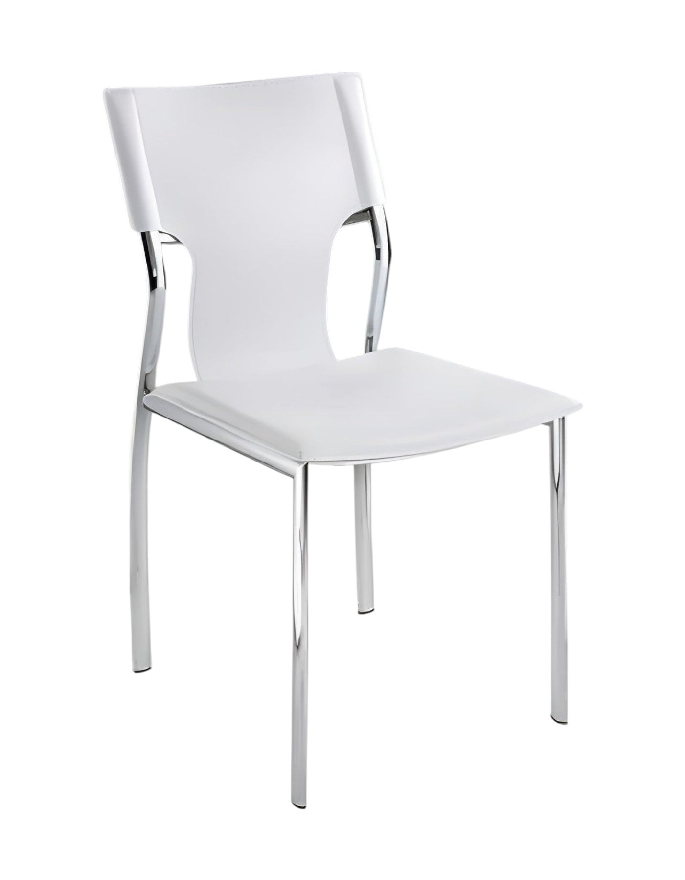 Set of Four White and Silver Metal and Leather Dining Side Chairs