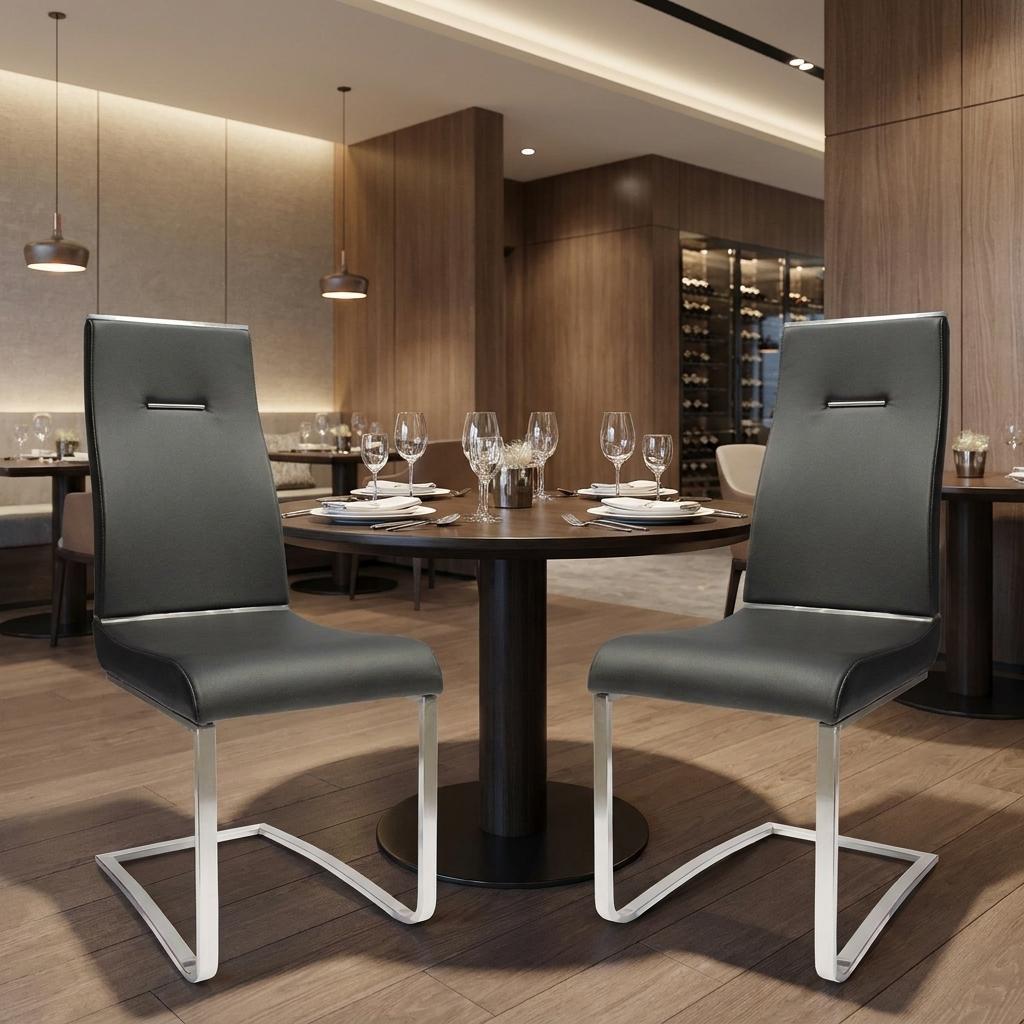 Set of Two Black And Silver Faux Leather And Stainless Steel Dining Side Chairs