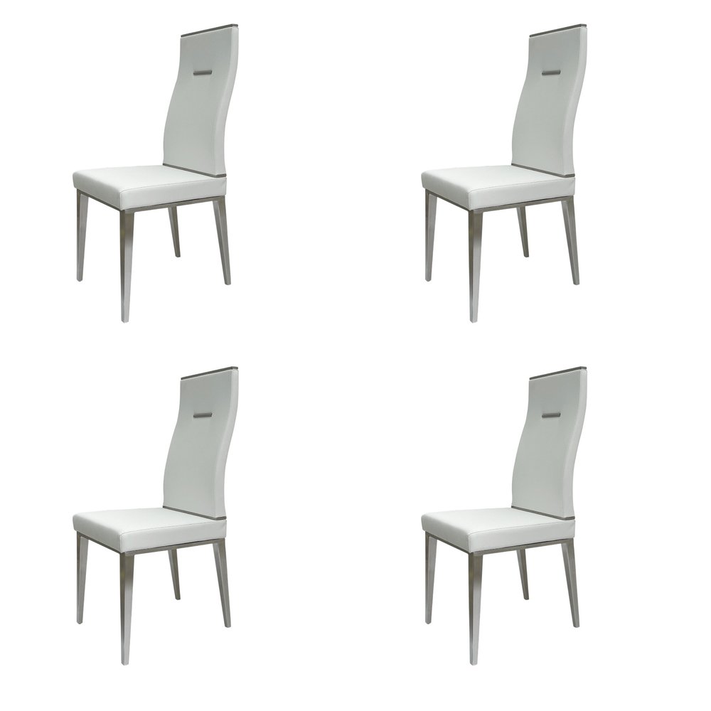 Set of Four White and Silver Upholstered Faux Leather Dining Side Chairs