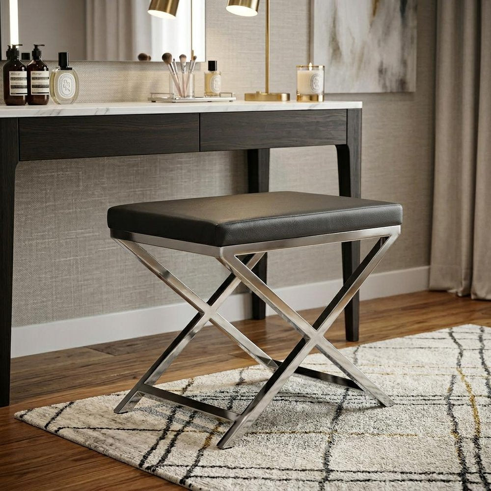 21" Charcoal and Gold Faux Leather Vanity Chair