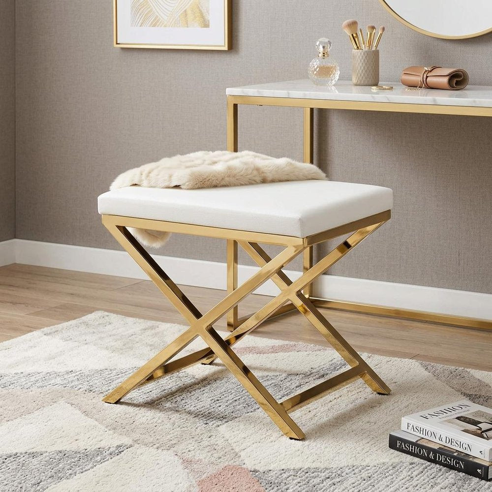 21" White and Silver Faux Leather and Metal Vanity Chair