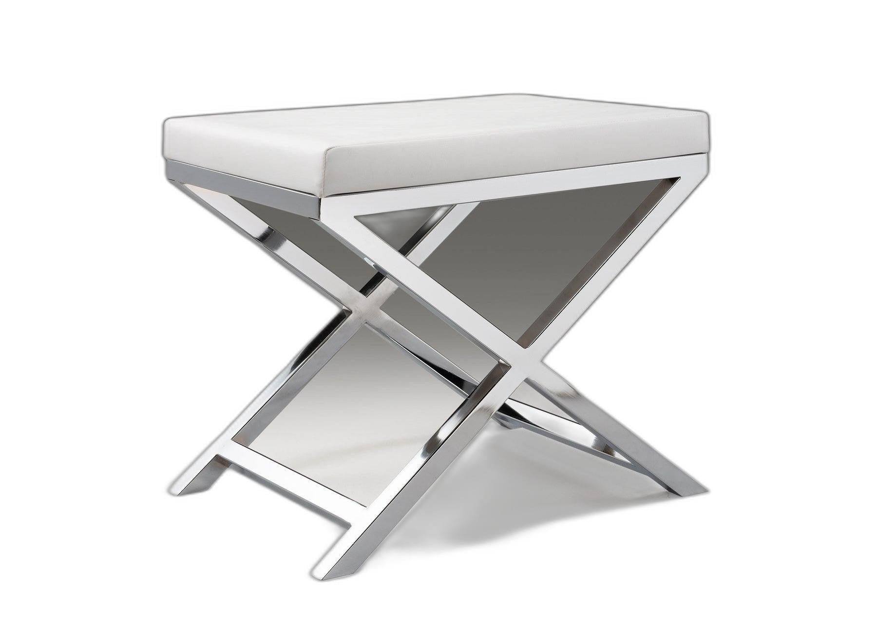 21" White and Silver Faux Leather and Metal Vanity Chair
