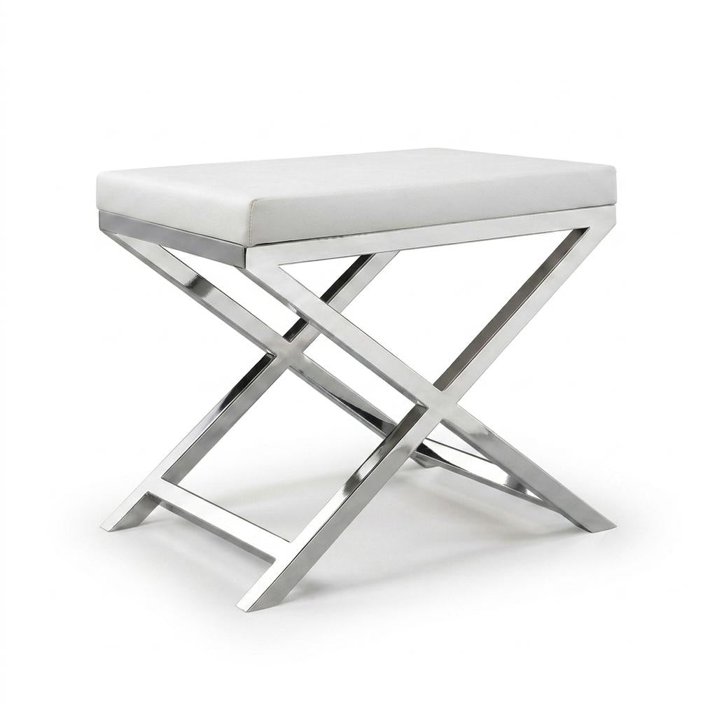21" White and Silver Faux Leather and Metal Vanity Chair