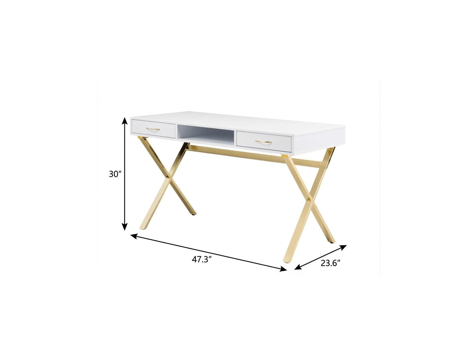 47" White and Gold Wood and Metal Computer Desk With Two Drawers