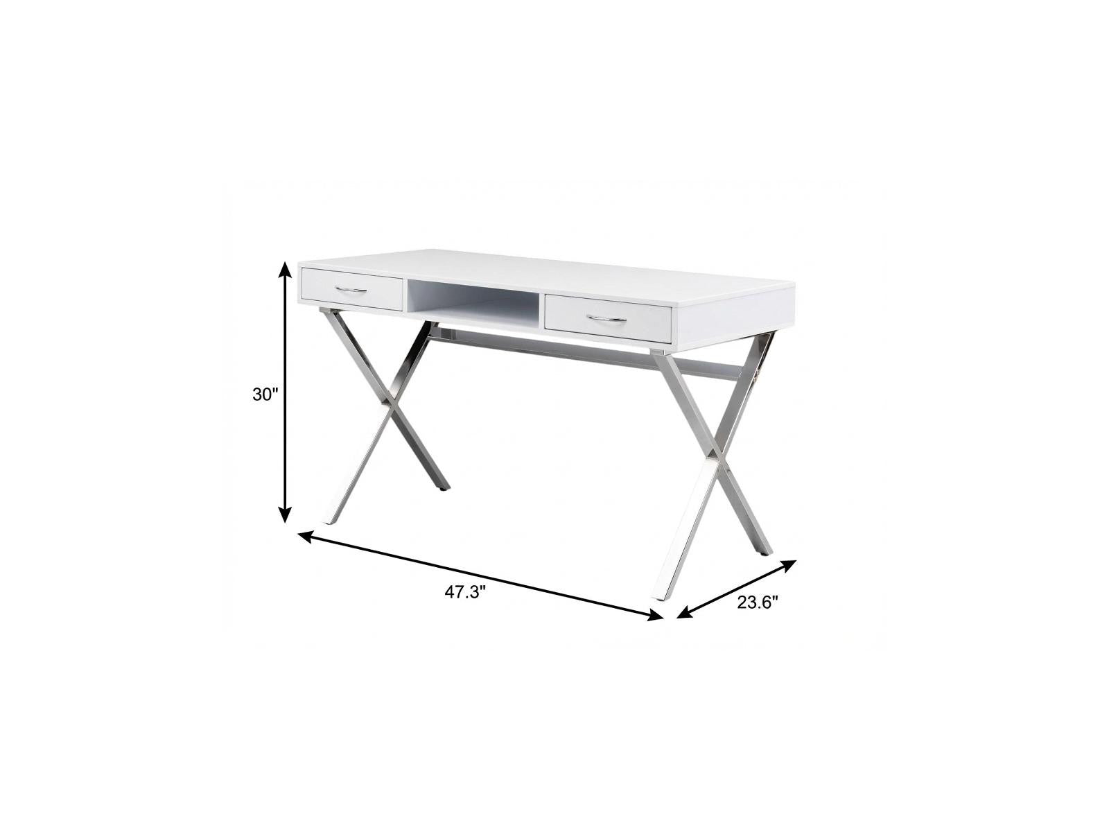 47" White and Silver Wood and Metal Computer Desk With Two Drawers