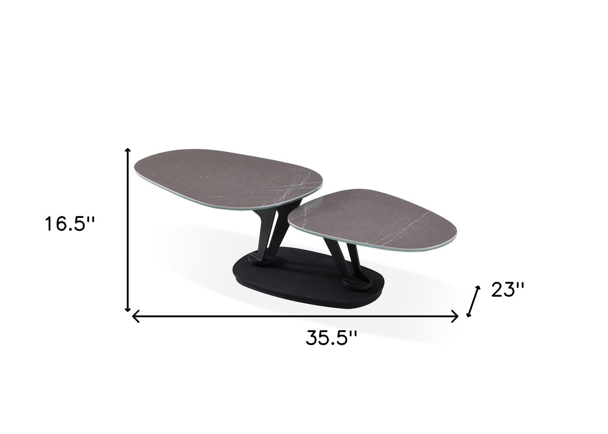 36" Gray And Black Faux Marble And Metal Oval Coffee Table