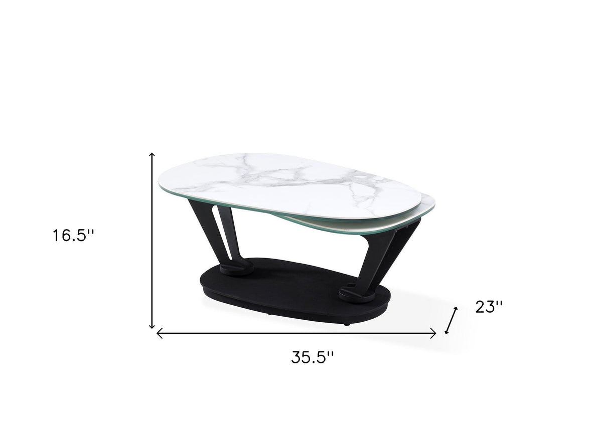 36" White And Black Faux Marble And Metal Oval Coffee Table