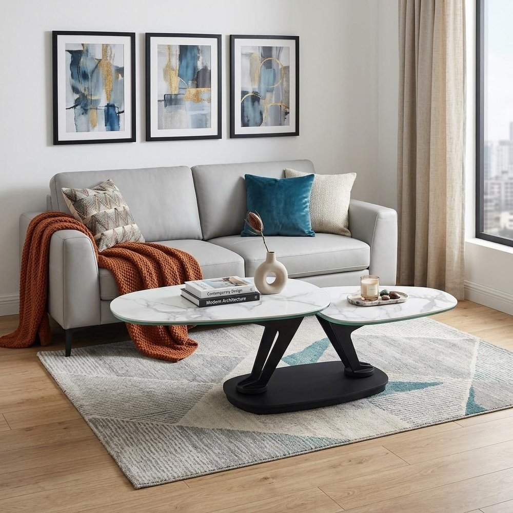 36" White And Black Faux Marble And Metal Oval Coffee Table