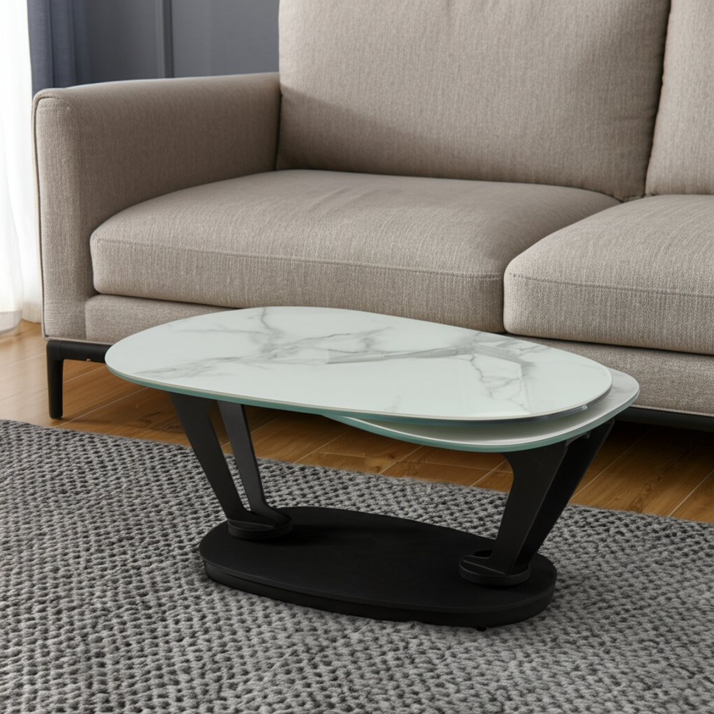 36" White And Black Faux Marble And Metal Oval Coffee Table