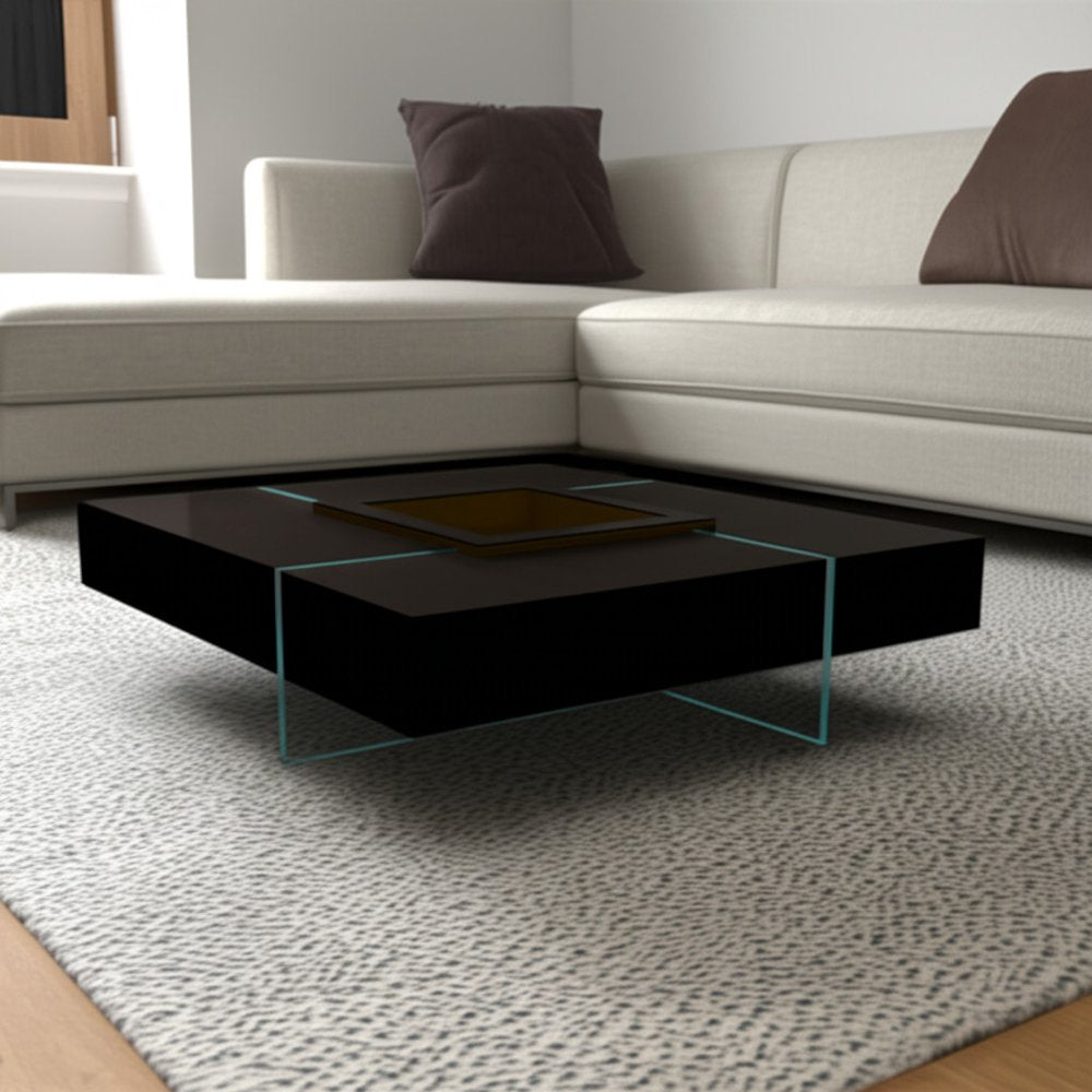 47" Espresso and Clear Wood and Glass Square Coffee Table