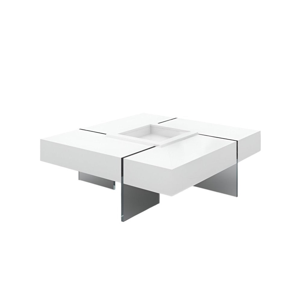 47" White And Clear Wood And Glass Square Sled Coffee Table