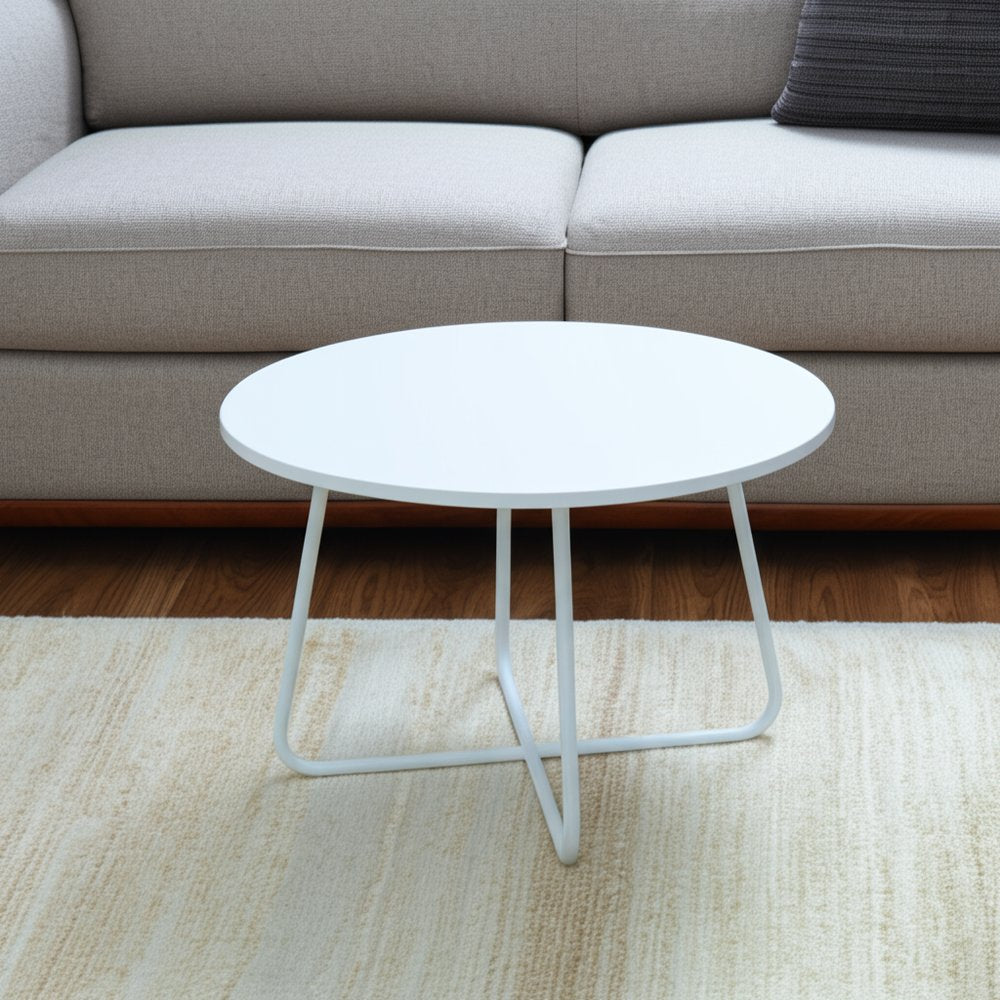 28" White Wood And Metal Round Cross Legs Coffee Table