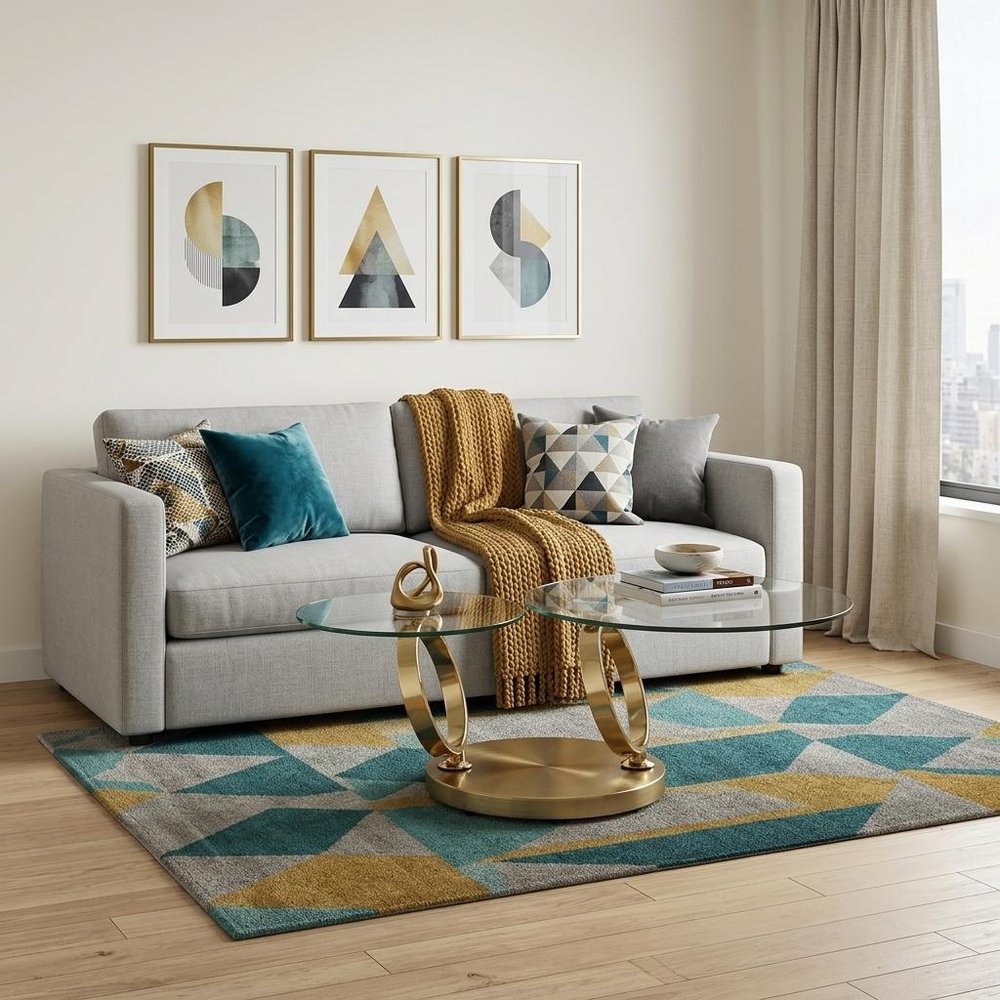 32" Clear And Gold Glass And Metal Round Abstract Coffee Table