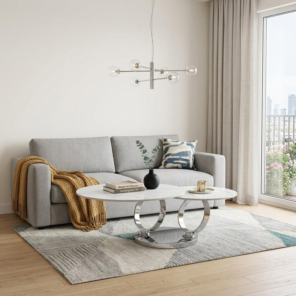 32" White And Silver Ceramic Tile And Metal Round Abstract Coffee Table