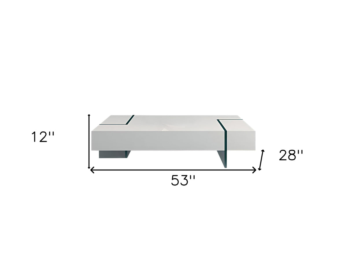 53" White And Clear Wood And Glass Sled Coffee Table
