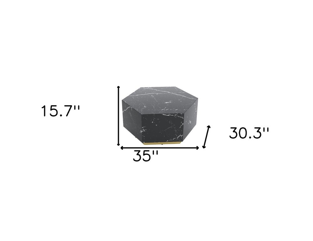 35" Black And Gold Faux Marble Hexagon Drum Coffee Table