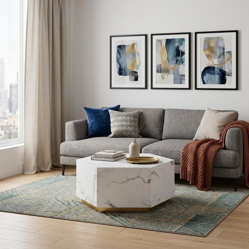35" White And Gold Faux Marble Hexagon Drum Coffee Table
