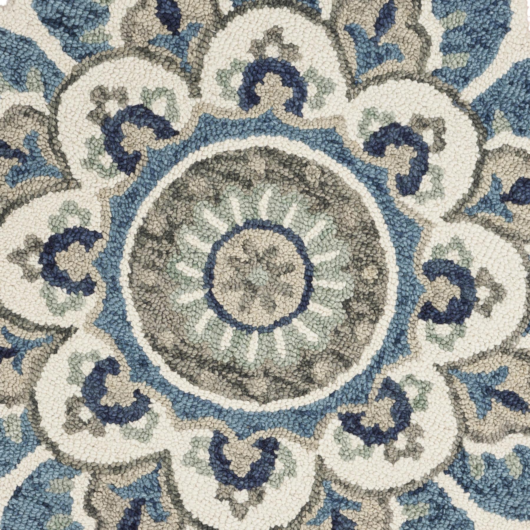 5' Blue and Ivory Round Wool Floral Hand Tufted Area Rug