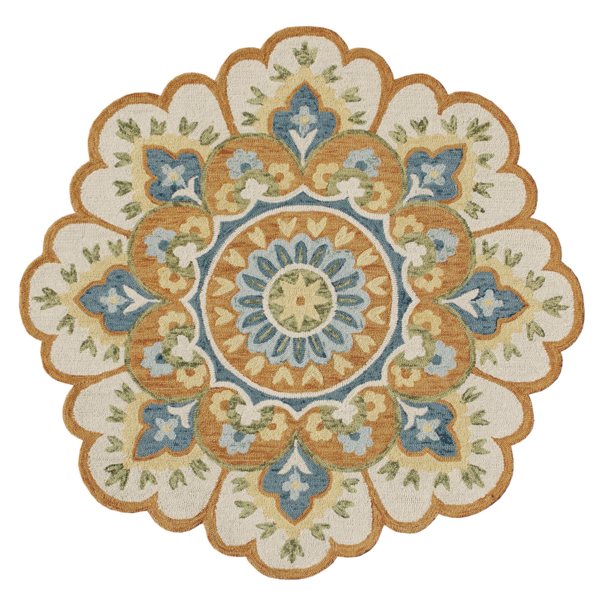 6' Orange and Blue Round Wool Floral Hand Tufted Area Rug