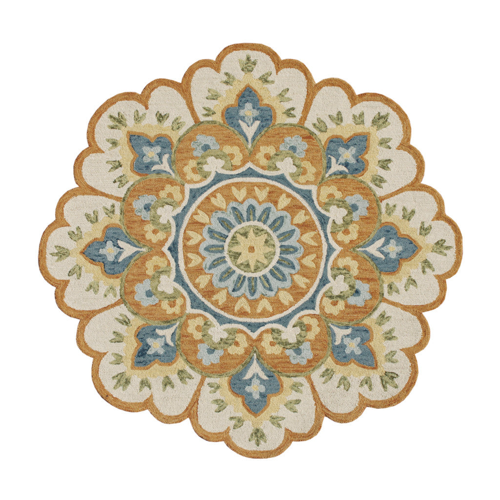 6' Orange and Blue Round Wool Floral Hand Tufted Area Rug