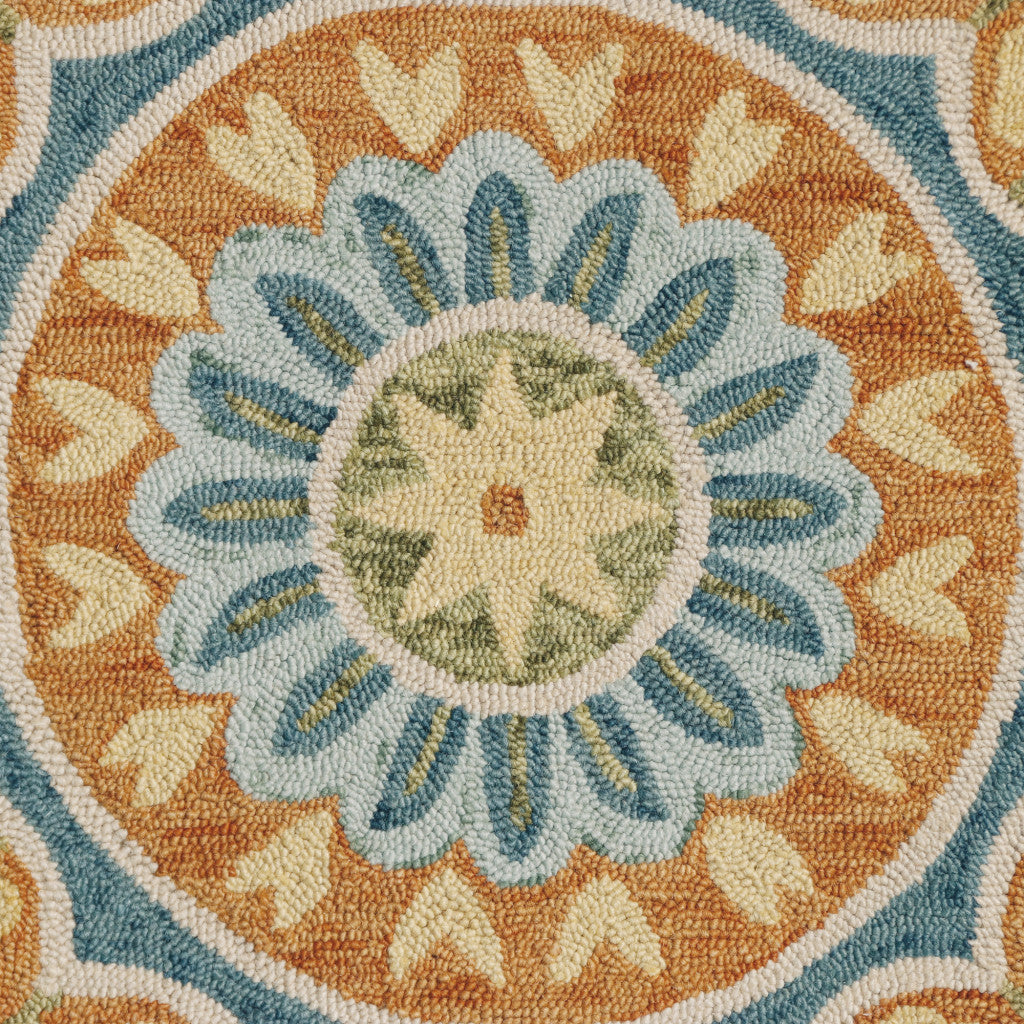 6' Orange and Blue Round Wool Floral Hand Tufted Area Rug