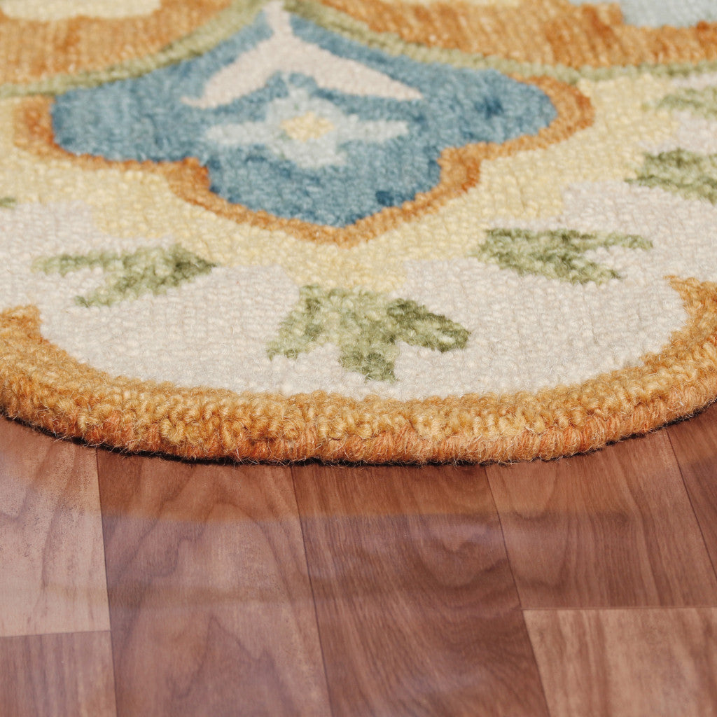 6' Orange and Blue Round Wool Floral Hand Tufted Area Rug