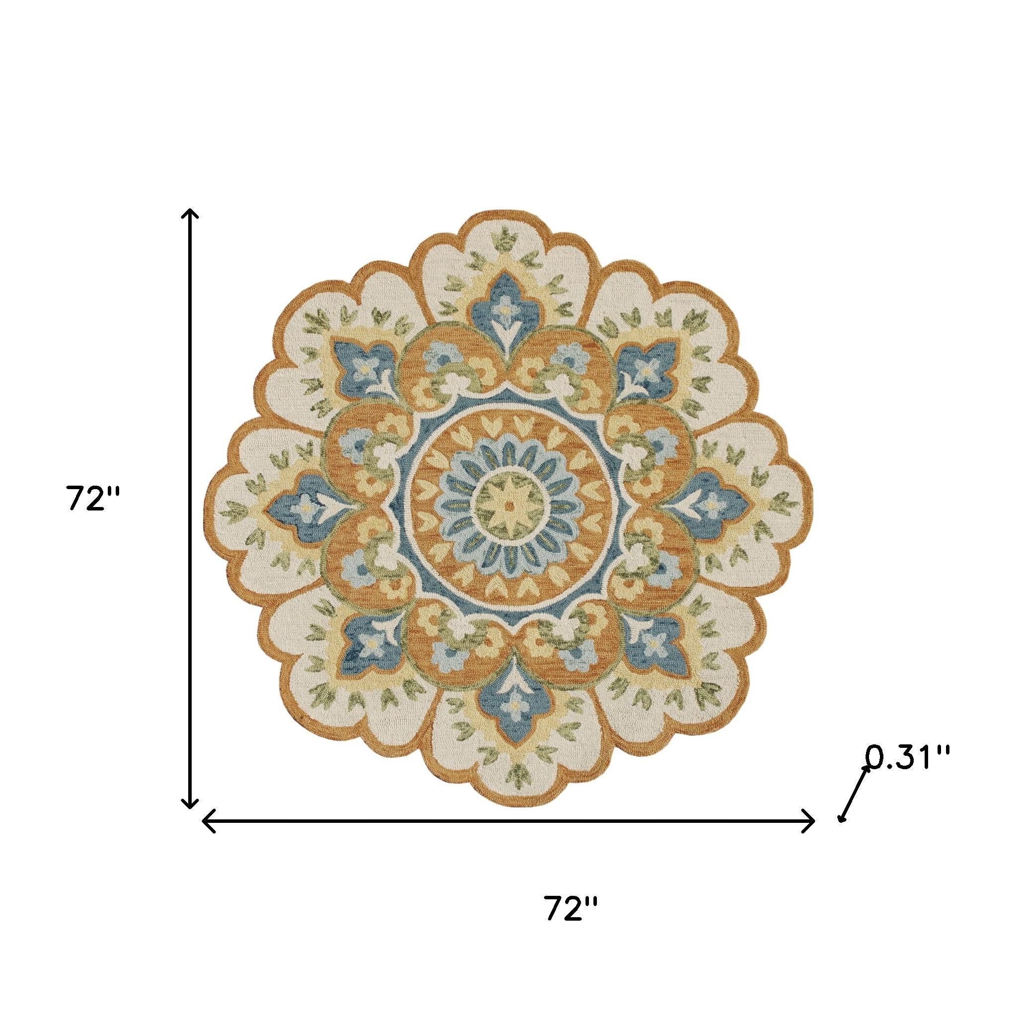 6' Orange and Blue Round Wool Floral Hand Tufted Area Rug