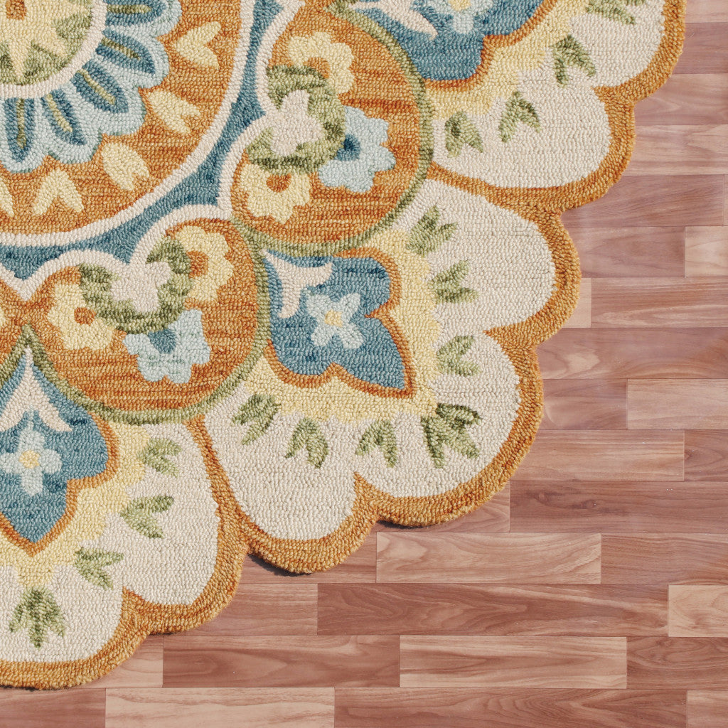 6' Orange and Blue Round Wool Floral Hand Tufted Area Rug