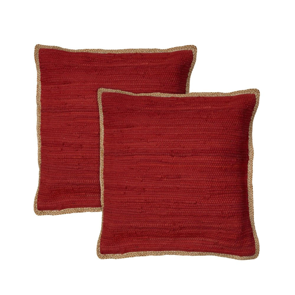 Set of Two 20" Red Cotton And Jute Throw Pillows with Texture