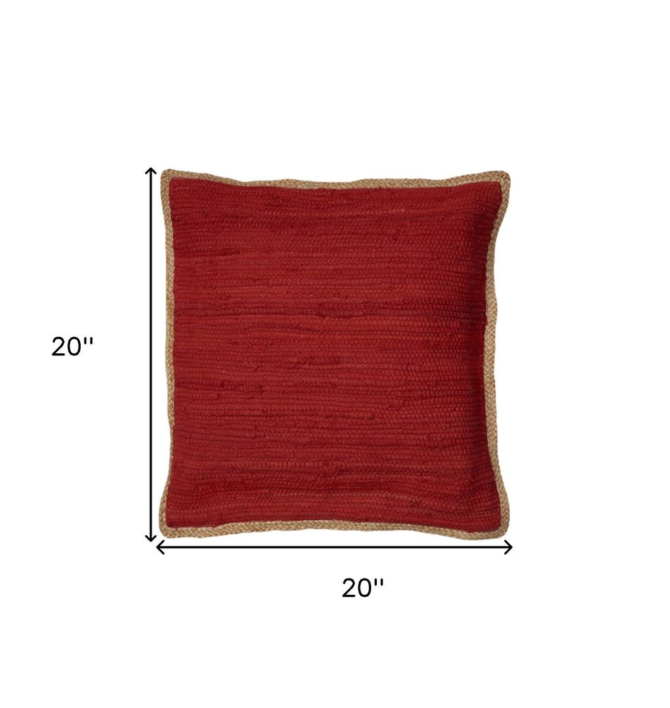 Set of Two 20" Red Cotton And Jute Throw Pillows with Texture