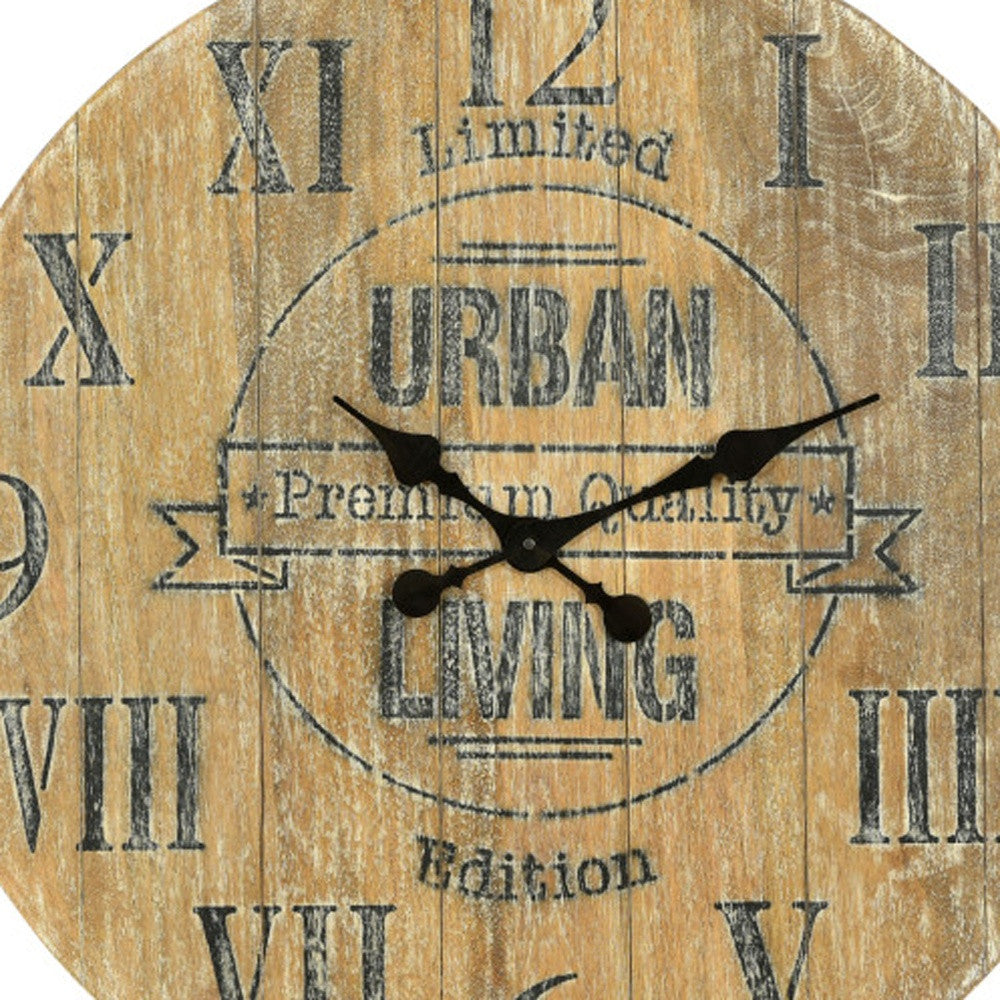 24" Natural Distressed Solid Wood Silent Analog Round Wall Clock