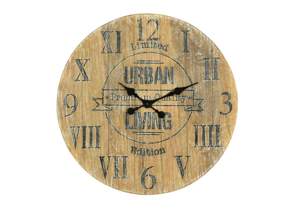 24" Natural Distressed Solid Wood Silent Analog Round Wall Clock