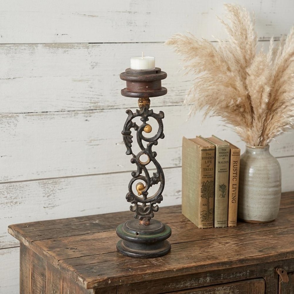 16" Black Distressed Floral Metal Tabletop Tealight Candle Holder