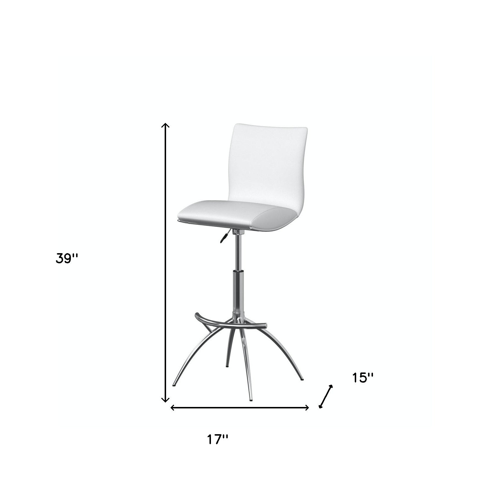 Set of Two White And Silver Faux Leather And Metal Low Back Adjustable Height Swivel Bar Chairs
