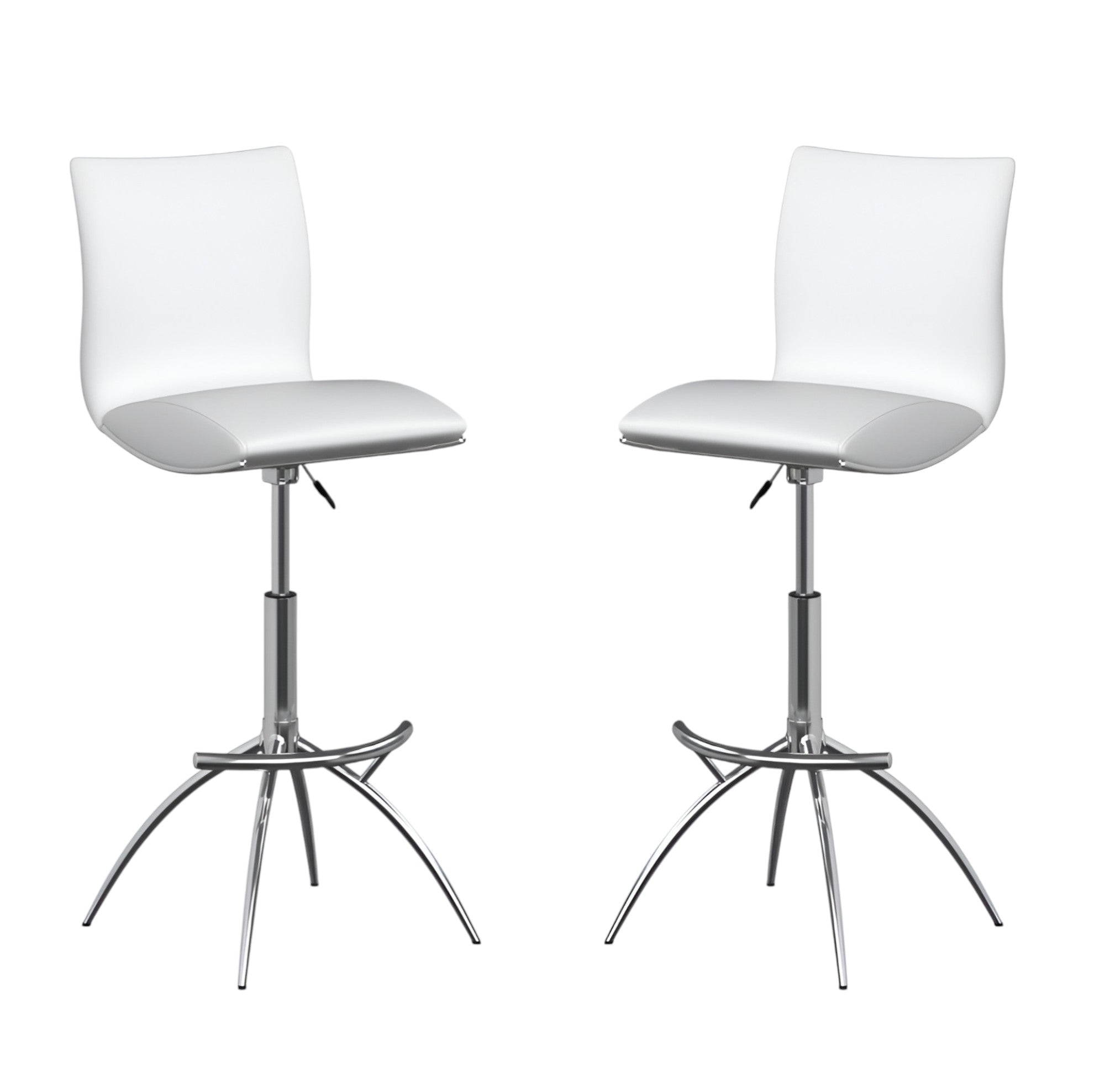 Set of Two White And Silver Faux Leather And Metal Low Back Adjustable Height Swivel Bar Chairs