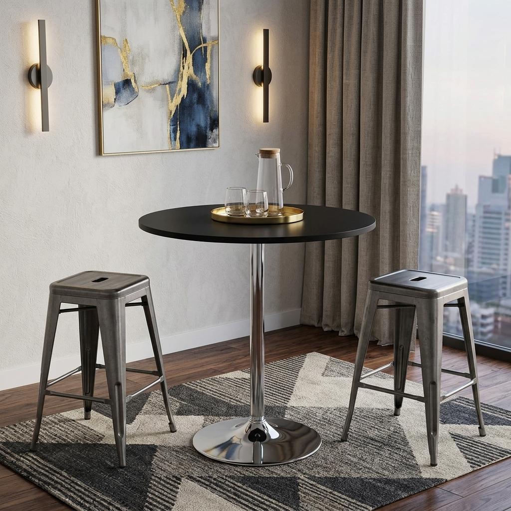 36" Black and Silver Wood and Metal Pedestal Base Round Top Dining Table