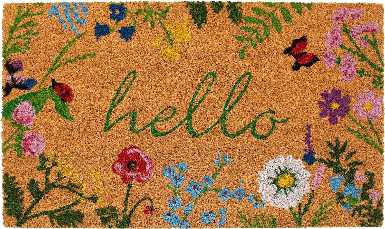 17" X 29" Natural and Green Coir Floral Hello Outdoor Door Mat