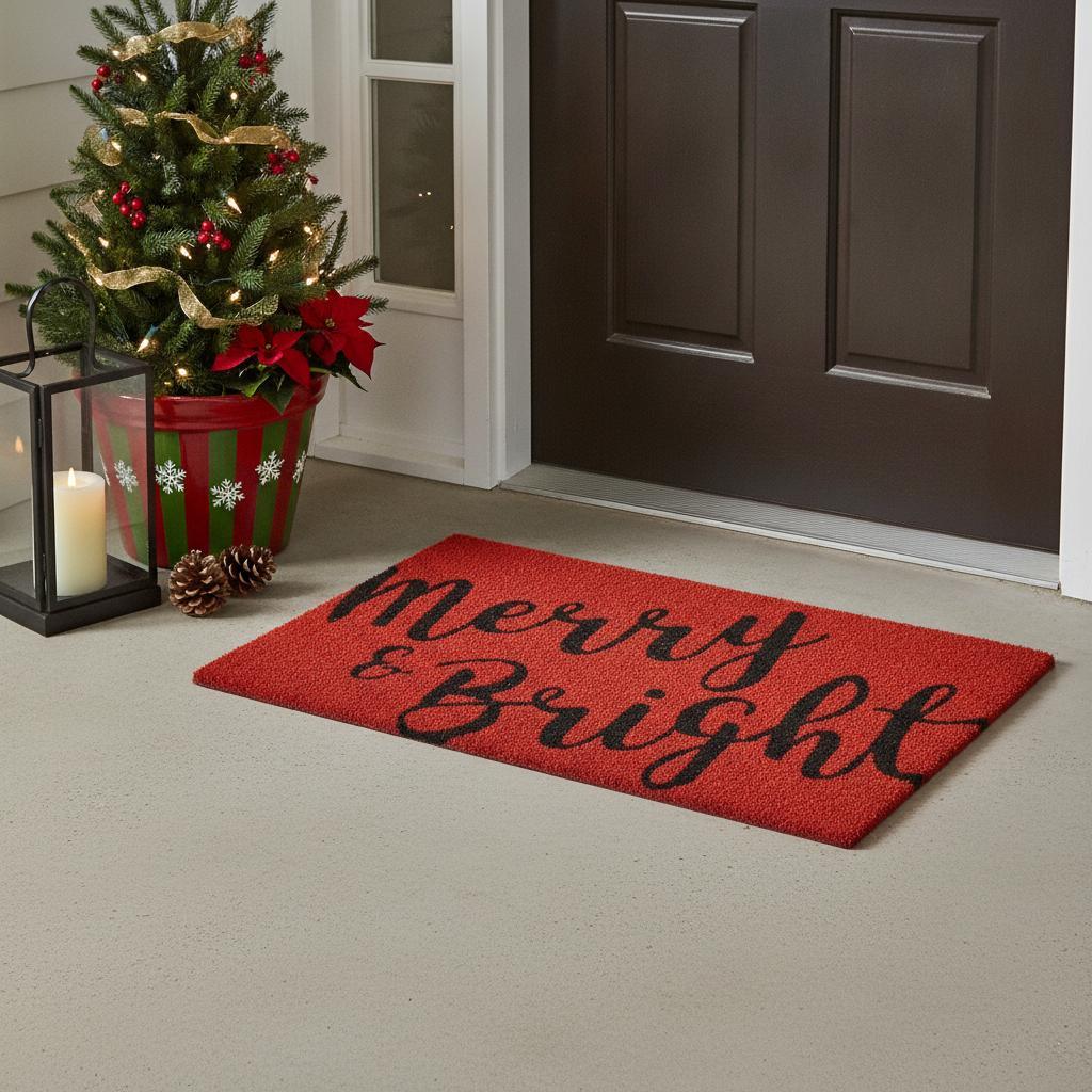 24" X 36" Red and Black Coir Merry and Bright Outdoor Christmas Door Mat