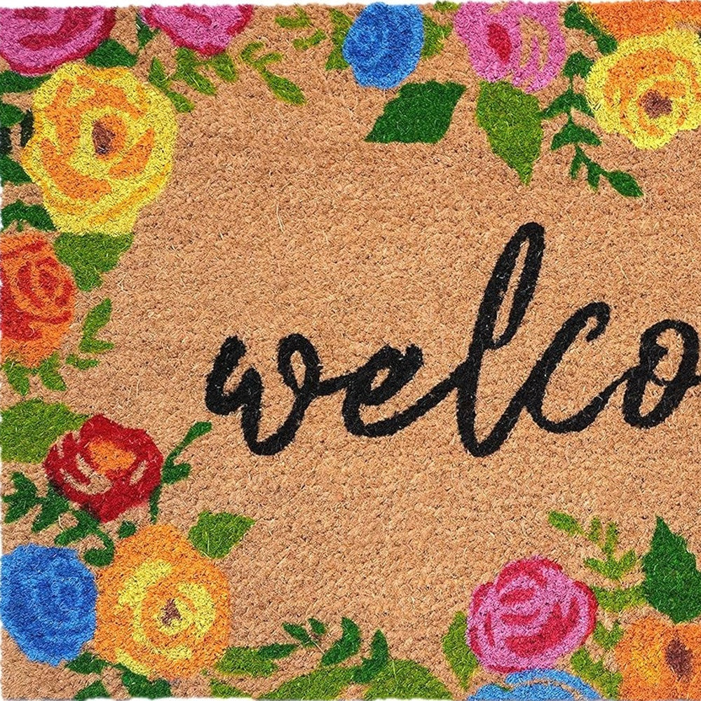 24" X 36" Natural and Black Coir Floral Welcome Outdoor Door Mat