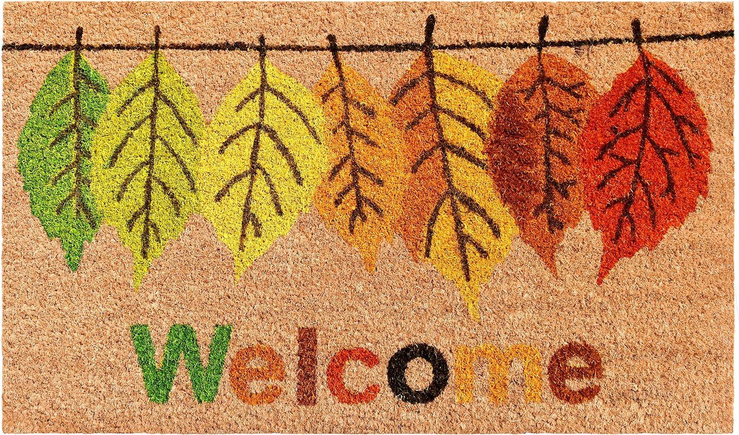 17" X 29" Natural Green And Orange Botanical Leaves Welcome Outdoor Coir Door Mat