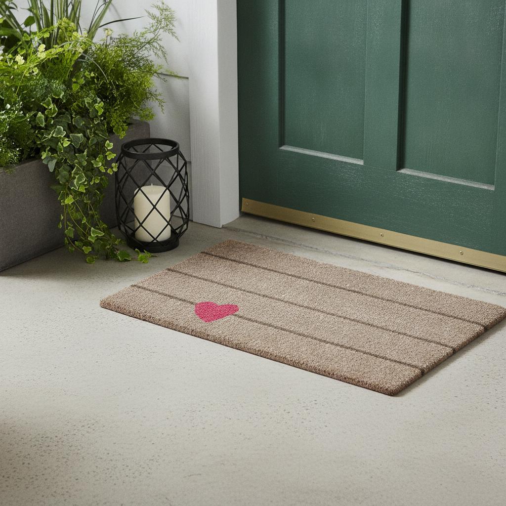 17" X 29" Gray and Pink Coir Heart and Stripe Outdoor Door Mat