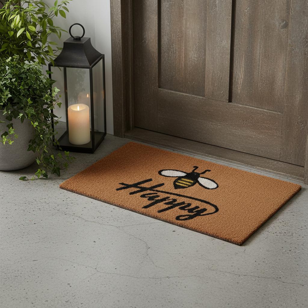 17" X 29" Natural and Black Coir Bumblee Bee Happy Outdoor Door Mat