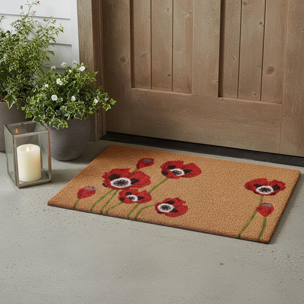 17" X 29" Natural Red and Black Coir Floral Outdoor Door Mat