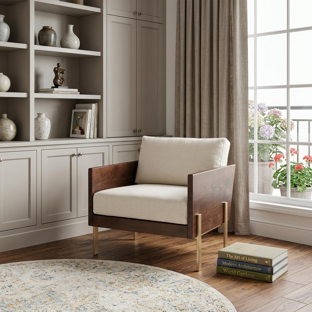 31" White Brown And Gold Top Grain Leather Arm Chair