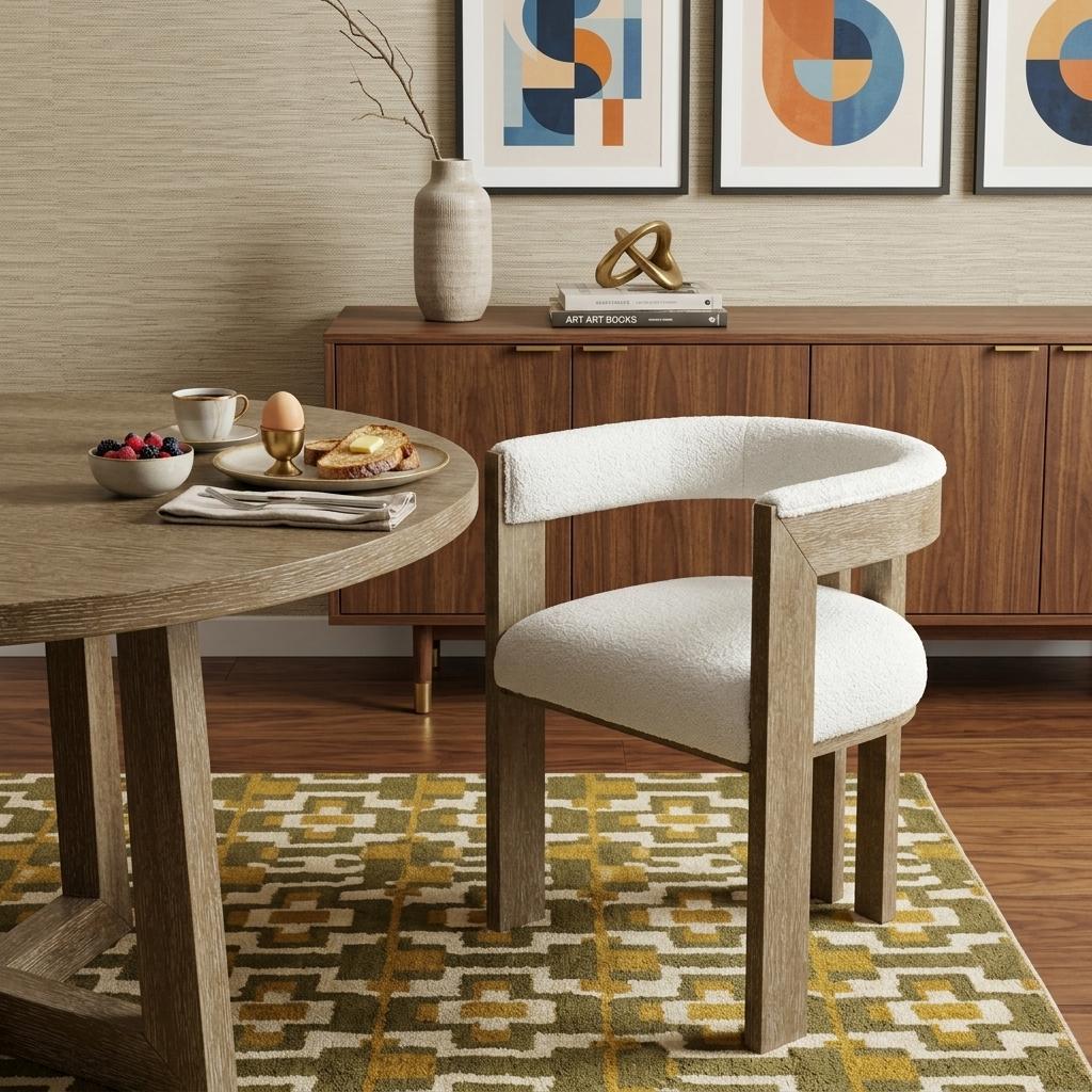 Ivory and Brown Upholstered Boucle Open Back Dining Arm Chair